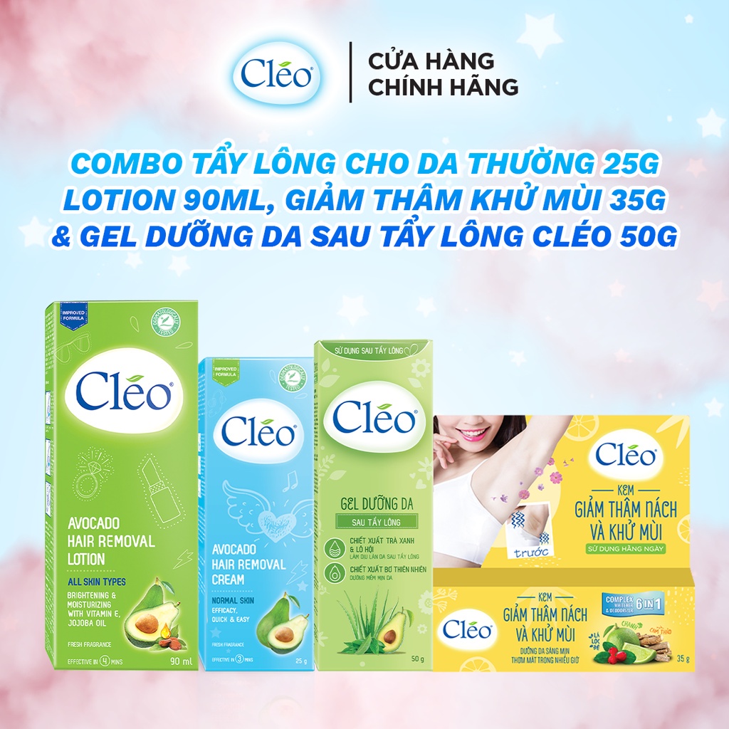 Bộ tẩy lông Cleo cho da thường gồm kem tẩy 25g & 90ml, gel dưỡng da sau tẩy lông 50g và kem giảm thâm nách, khử mùi 35g