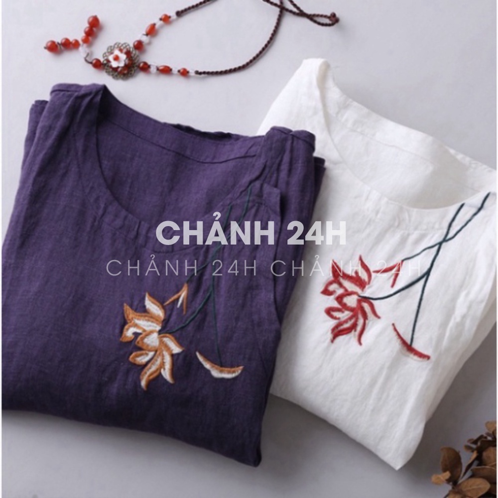 Áo trung niên nữ thêu hoa thiết kế tặng mẹ Chảnh 24h áo kiểu form rộng bigsize chất liệu mềm nhẹ mát AKH.64