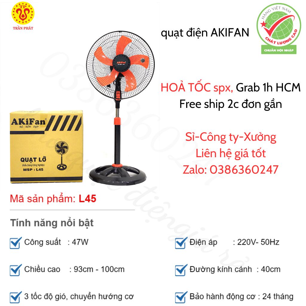 Quạt lỡ thân sắt AKIFan L45 -3 chế độ gió 5 cánh-quạt đứng công nghiệp 47w, bh 24 tháng (senko,yanfan)