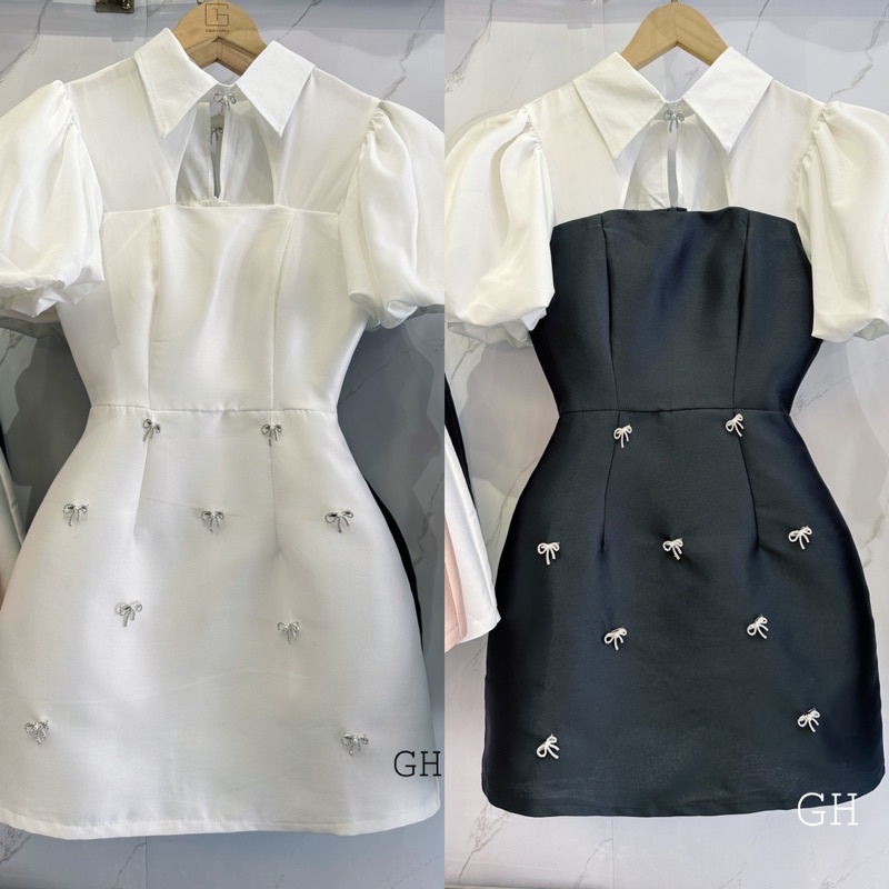 Đầm Tafta Tay Bồng Đính Đá Nơ Siêu Xinh