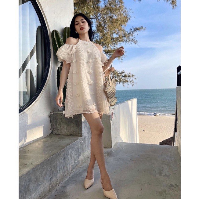 Váy cổ yếm trễ vai bèo hotgirl - Đầm dạo phố tiểu thư dáng xòe chất hoa bông nổi xịn mịn mặc dự tiệc đi chơi (2HAND TUYỂ