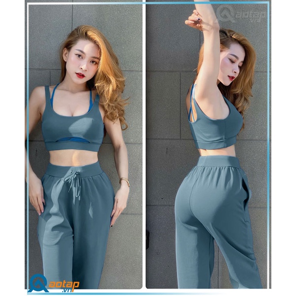 Set áo bra 2 lớp phối quần Jogger 2 túi hông tập gym, thể thao siêu xinh