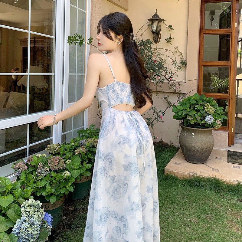 Đầm maxi hoa xanh tiểu thư nhẹ nhàng