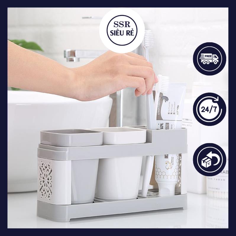 Kệ Đựng Bàn Chải Đánh Răng Kệ Đựng Đồ Nhà Vệ Sinh Kèm 2 Ly Để Bàn Chải Đánh Răng Chất Liệu Nhựa Cao Cấp Tinh Tế