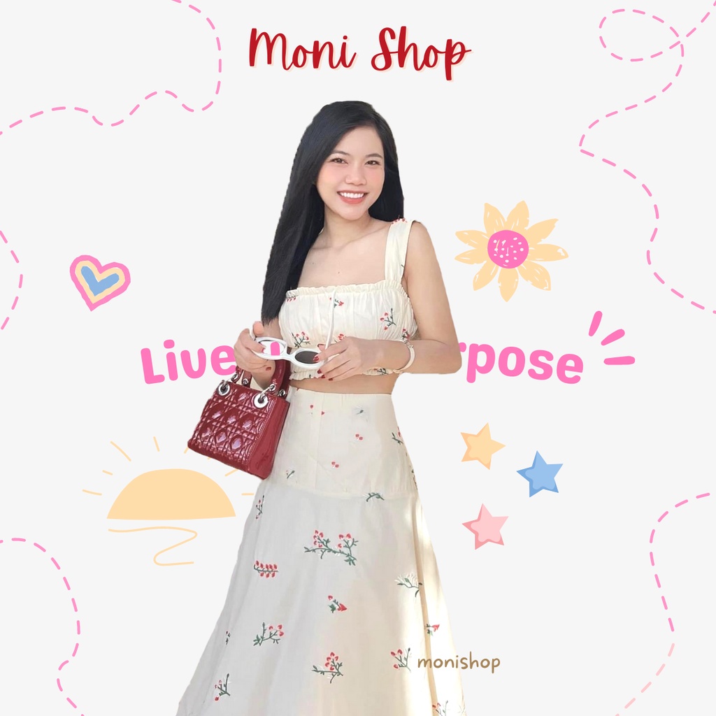 Set áo 2 dây hoa nhí croptop kèm chân váy xòe dài thêu hoa