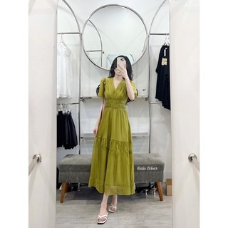 Váy maxi chít eo cổ V chất tơ 2 lớp mặc du lịch (ảnh thật chụp sàn )