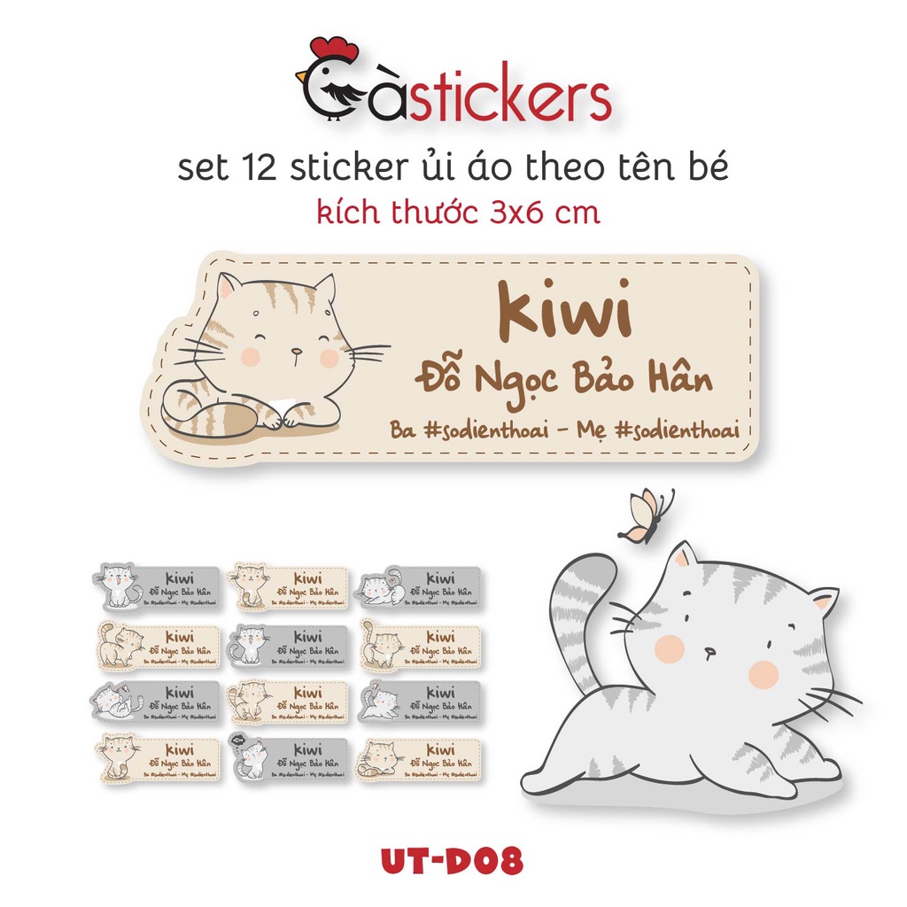 Sticker ủi áo in tên trẻ em GaStickers UT-D08- bộ 12 miếng kích thước 3 x 6 cm