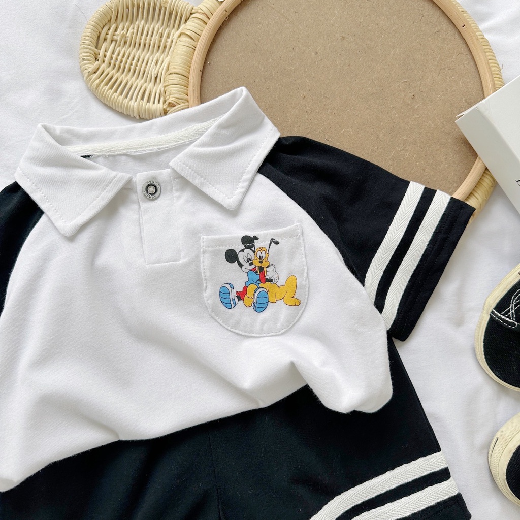 Bộ polo cotton cộc tay phối kẻ Mozi cho bé trai bé gái