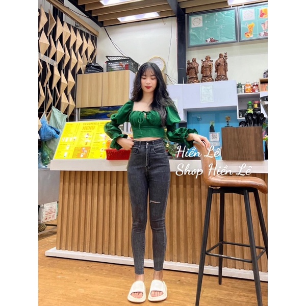 Set jeans dài co giãn xám rách 1line + áo cúp ngực tay túm