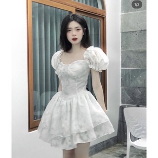 ĐẦM TRẮNG TẦNG HOA NỔI TAY BỒNG