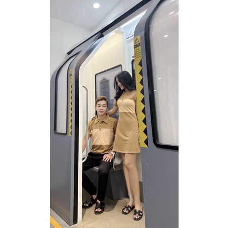 Set đồ đôi áo nam + váy nữ nâu trà sữa