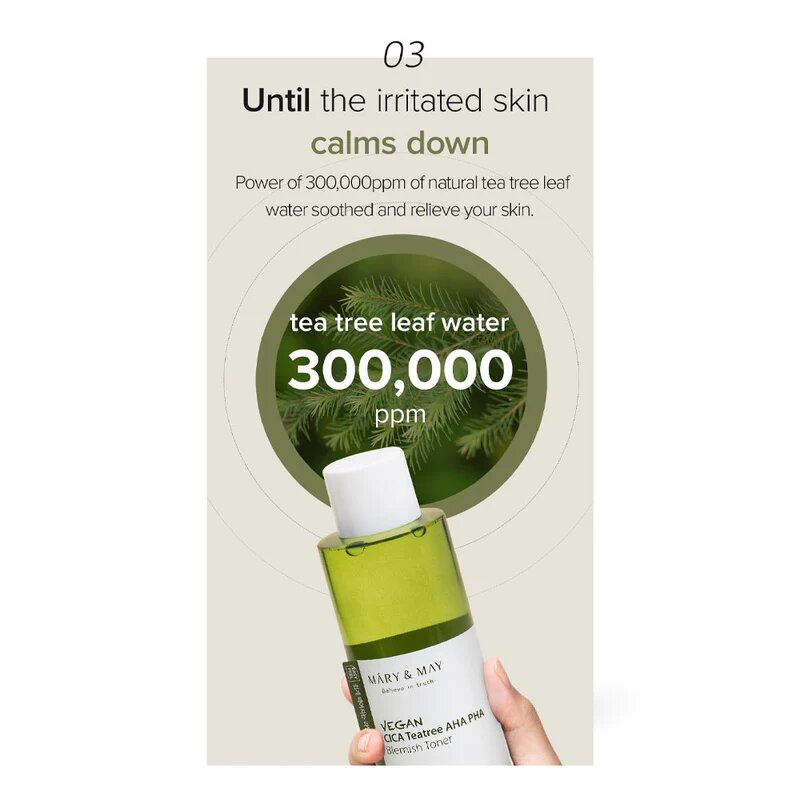 Nước Cân Bằng Ngăn Mụn Làm Sáng Da dịu da Mary & May Vegan CICA Tea Tree AHA PHA Toner 200ml