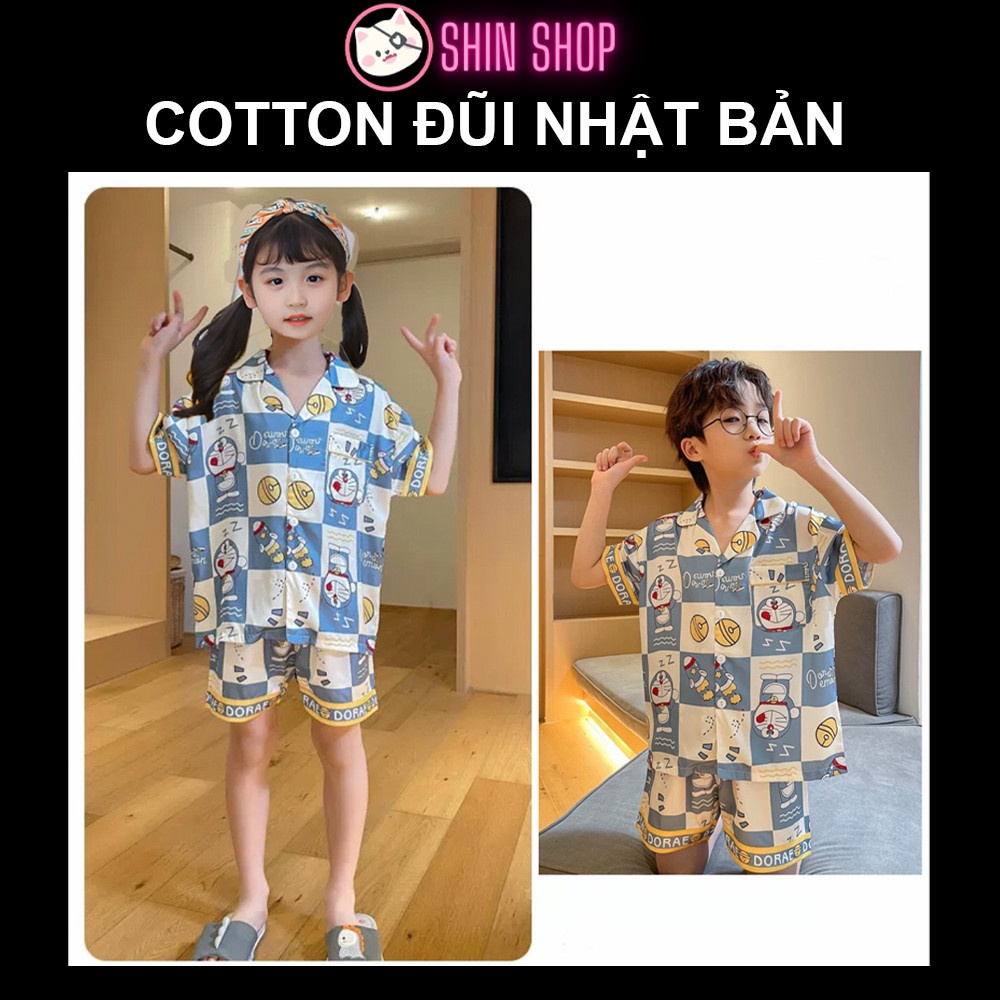 (9-47kg) ✅ Pizama Cotton Đũi Nhật Bản Áo cộc quần đùi ngắn Doremon xanh CC02 trẻ em đồ ngủ| bộ đi chơi bé trai gái