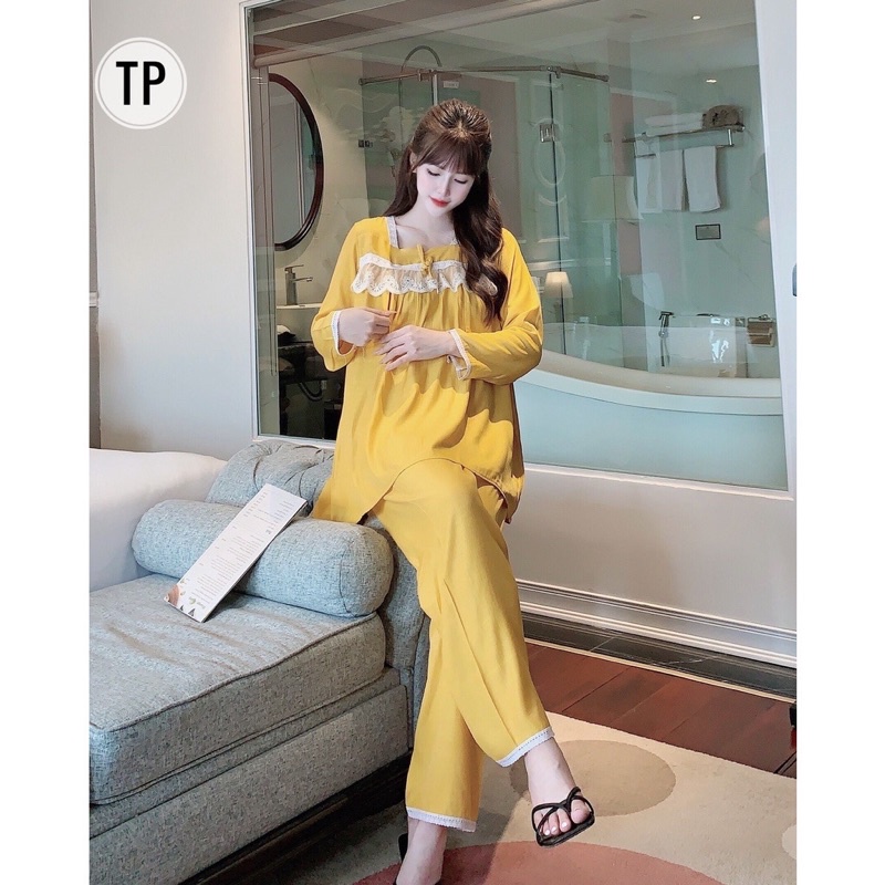 Bộ mặc bầu sau sinh Vmom chất đũi Hàn cao cấp, có khoá cho con ti và quần chun chỉnh tiện lợi - B62