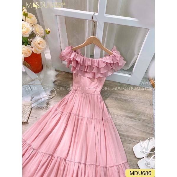 Váy, Đầm maxi hoa tơ cổ bèo cao cấp