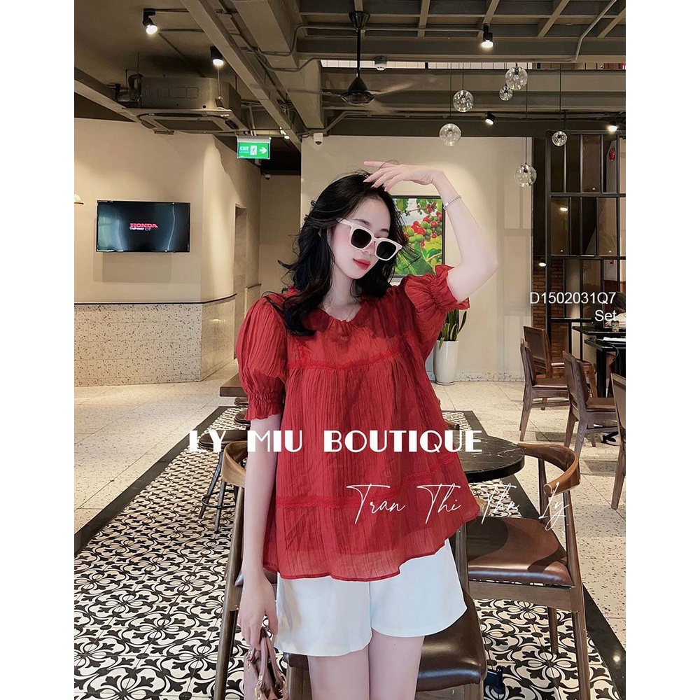Set 2 món áo kiểu tơ đỏ tay ngắn bo phối quần short thô trắng có túi hàng đẹp!