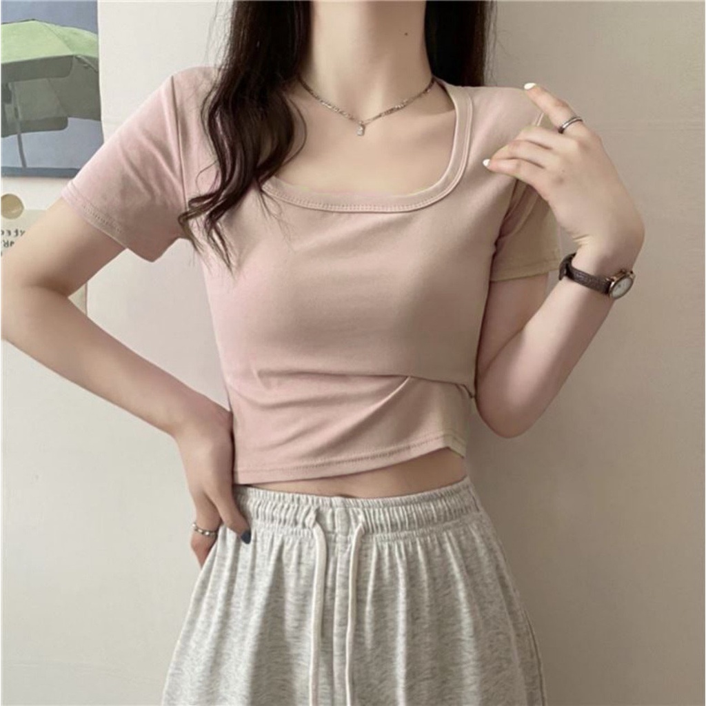 Áo Croptop Ngắn Tay Cổ Vuông Dáng Ôm Madela Thun Dày Dặn, Croptop Cổ Vuông Màu Trơn Phong Cách Trẻ Hàn Quốc