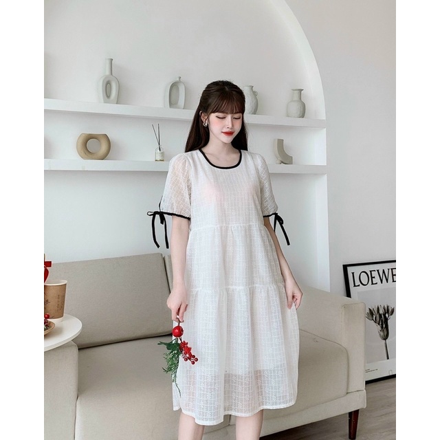 Đầm ren Xốp Hai Lớp Dáng Babydoll Phối Viền Nơ Mã H40