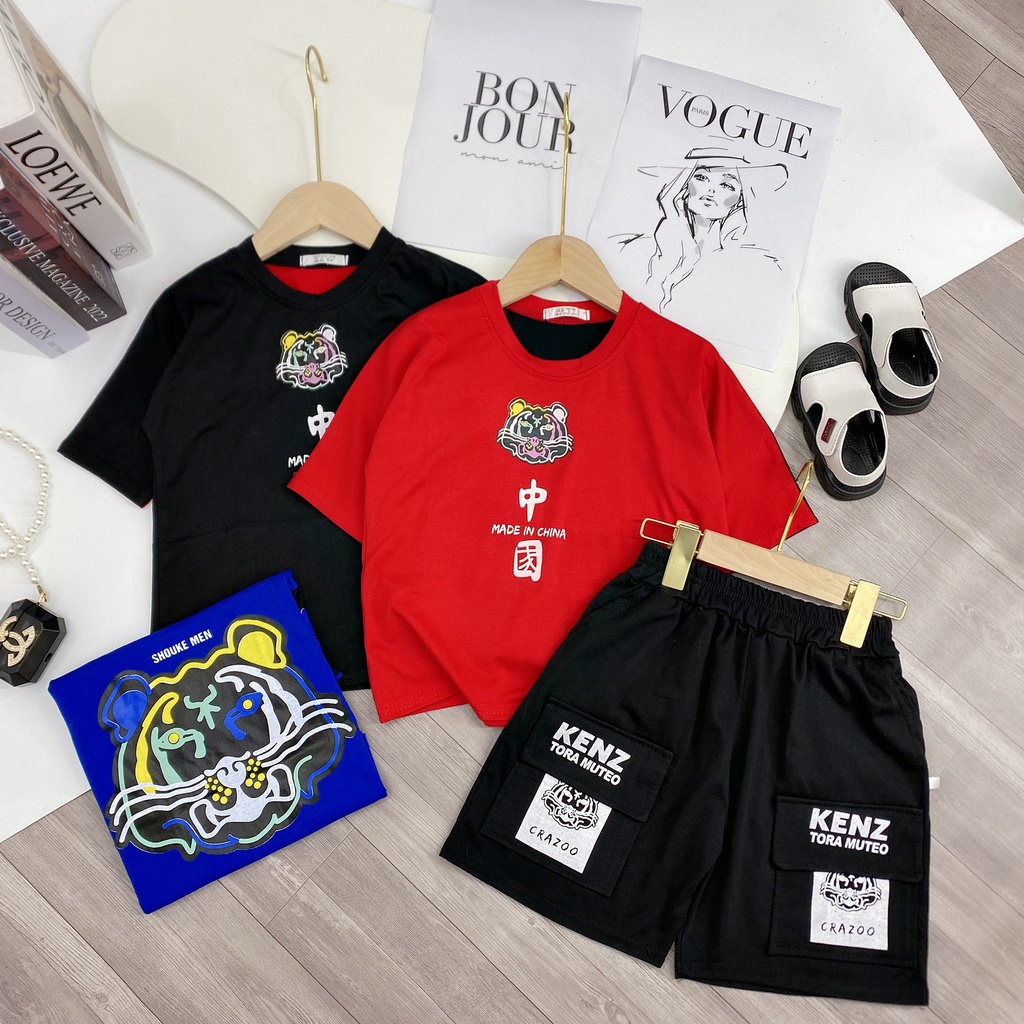 Bộ quần áo thun hè " Hình - Hổ" 14-48kg cho bé trai 4-14 tuổi. Năng động, phong cách. Hàng may kỹ. B56