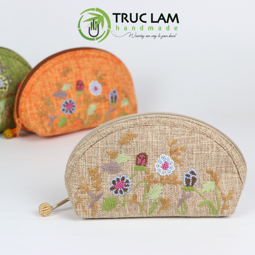 Ví Cầm Tay Nữ Ví Sò Vải Gai Họa Tiết Hoa Cỏ Thêu Tay Hai Mặt Họa Tiết Hoa Cỏ Trúc Lâm Handmade THEUV42