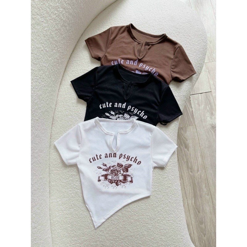 Áo thun nữ crotop tay nagwns cổ tròn in hoa hồng lệch vạt ngắn dài