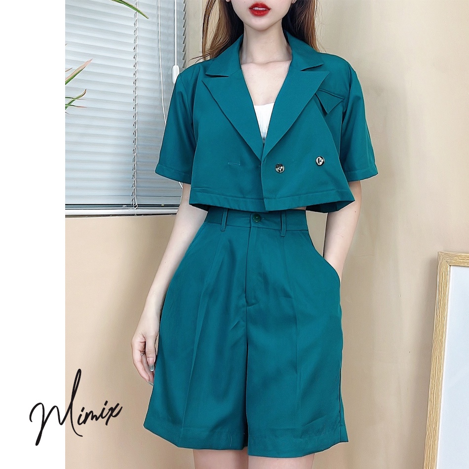 Set bộ nữ trơn áo vest tay lỡ kèm quần short MIMIX CU3195