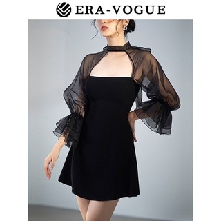 ZY·HT 🌷 Đầm Ôm Body Tay Dài Cổ Yếm Màu Đen Quyến Rũ Y9584