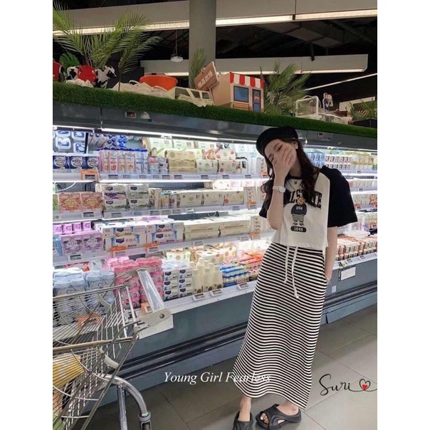 Set Áo Croptop Phối Váy Kẻ Xẻ Siêu Hot Mã KH30