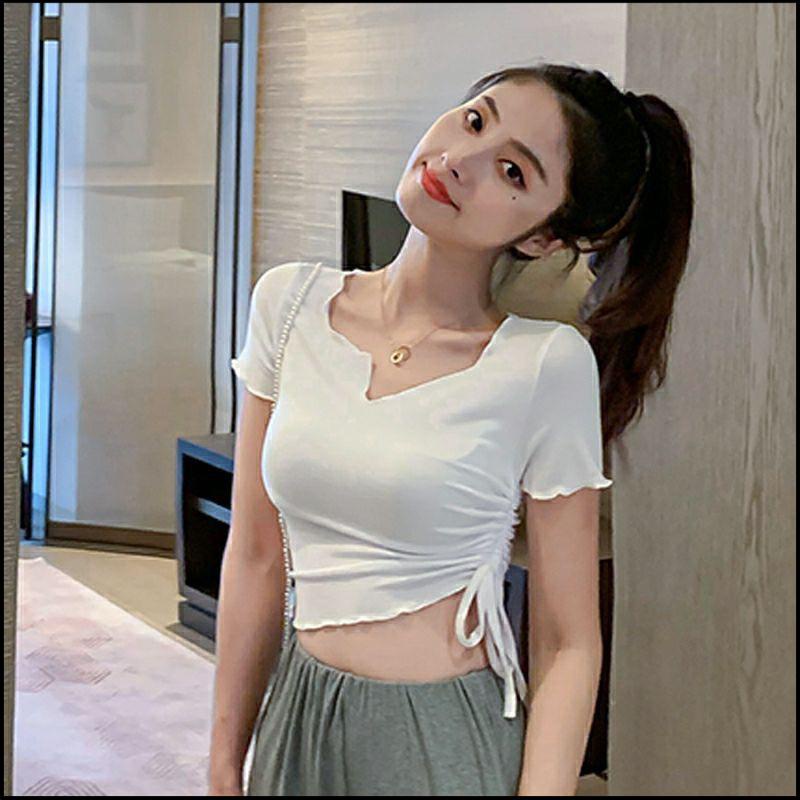 Áo croptop nữ ngắn tay cổ V rút dây 1 bên GenY - Áo mặc hè nữ chất thun gân nhiều màu co giãn tốt mặc thoải mái -V1-