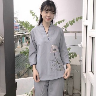 Bộ đồ lam đi chùa NÚT NGỌC thêu sen chất katê - trang phục phật tử A11