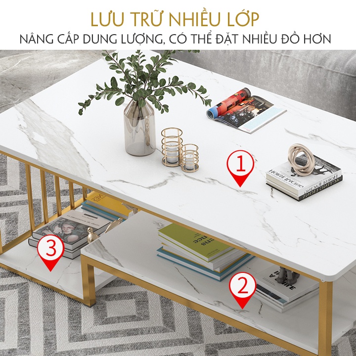 Bàn Trà Phòng khách 3 Tầng Mặt Gỗ Họa Tiết Vân Đá Cẩm Thach, Chân Sơn Nhũ Vàng Sang Trọng