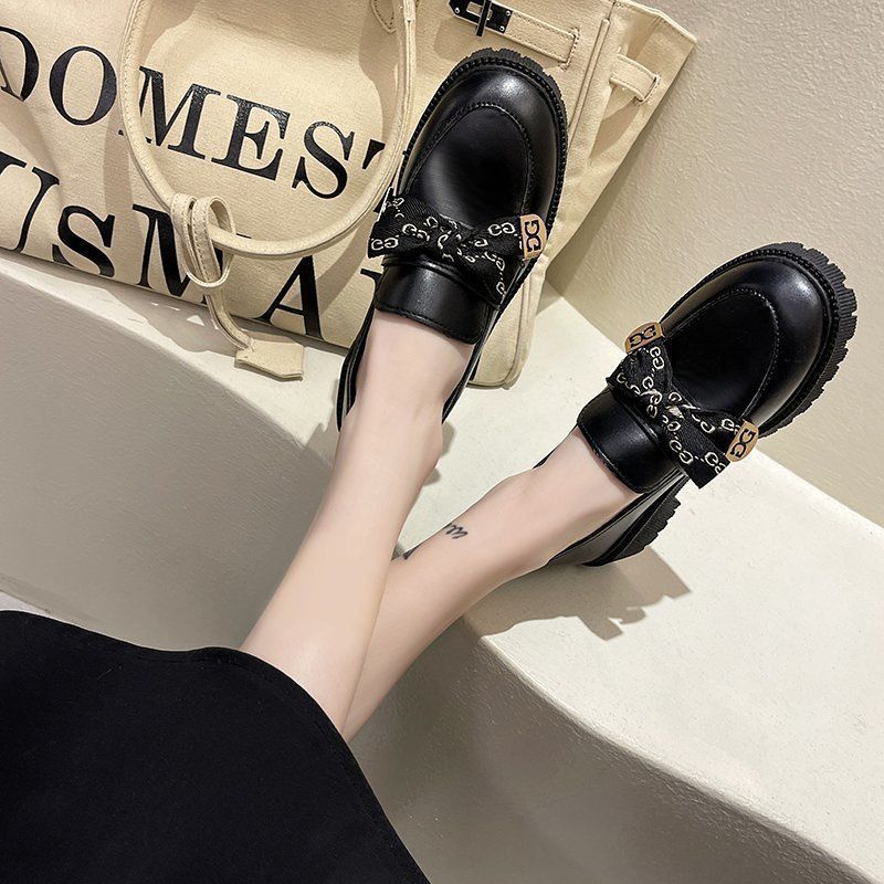 Giày da màu đen phong cách Anh đế dày nữ