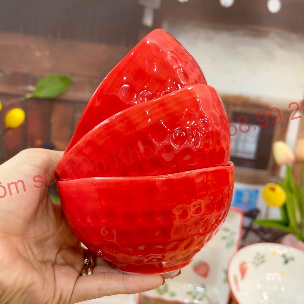 Bát Đĩa Gốm Sứ Decor, Bát Ăn Cơm, Bát Ăn Chè, Chén Dĩa Dễ Thương Tổng Hợp Sét Dâu 15 Món Xinh Yêu Gomsudecor21