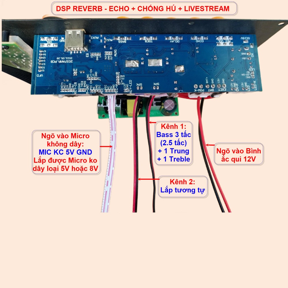 Mạch loa kéo 2 kênh OTG Livestream Chống hú DSP Reverb – Echo 2 IC CS3818E 100W + 100W – Loa kéo 3 tấc đôi