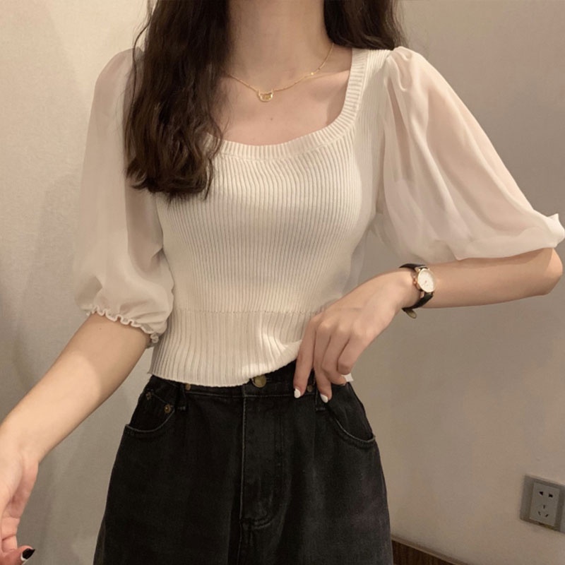 Áo Dệt Kim Tay Phồng Ngắn Cổ Vuông Thời Trang Hàn Quốc Mới Cho Nữ