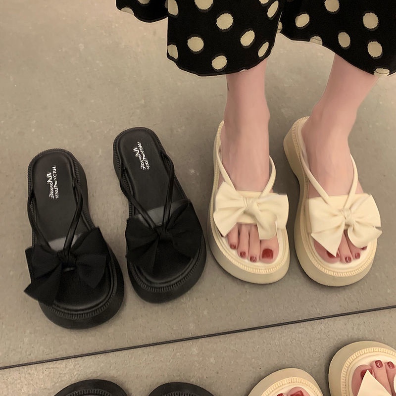 Dép lê đế dày nơ bướm nữ phong cách Hàn Quốc