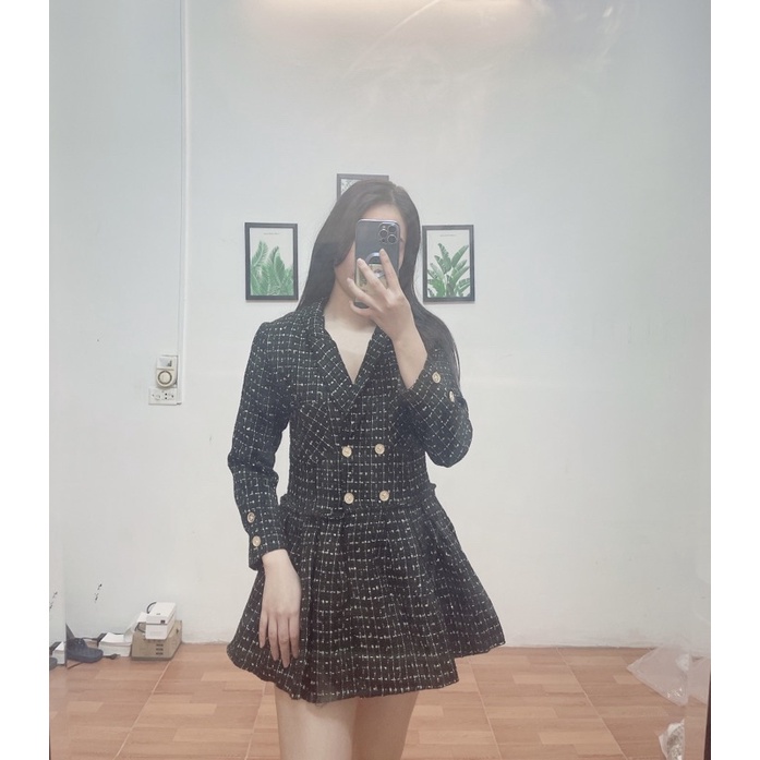 Váy Dạ Tweed Kẻ Sọc Cổ Vest Phong Cách Sang Chảnh_ hàng ORDER