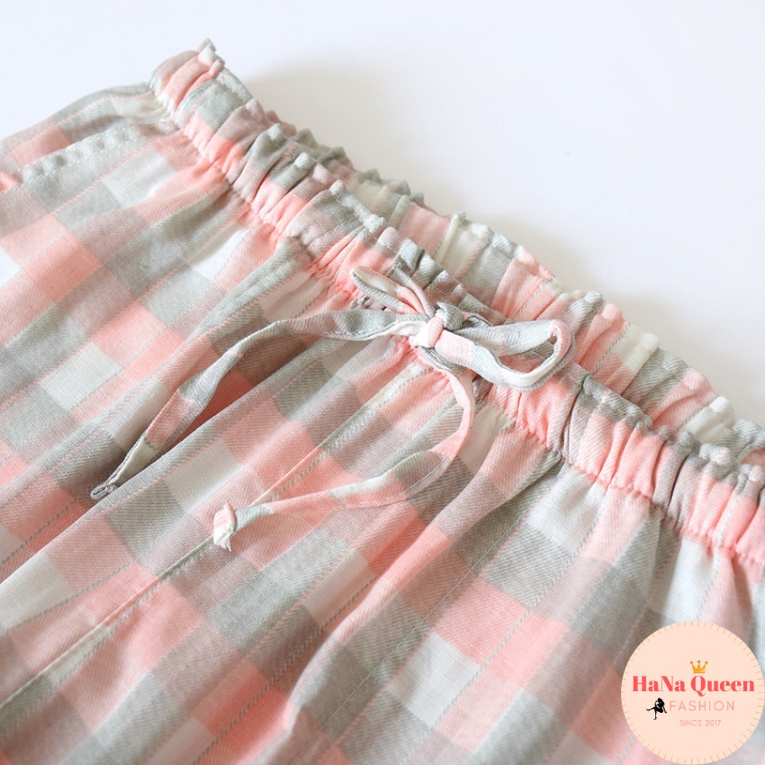 Quần ống suông kẻ karo chất vải cotton xô cao cấp (Hàng có sẵn)