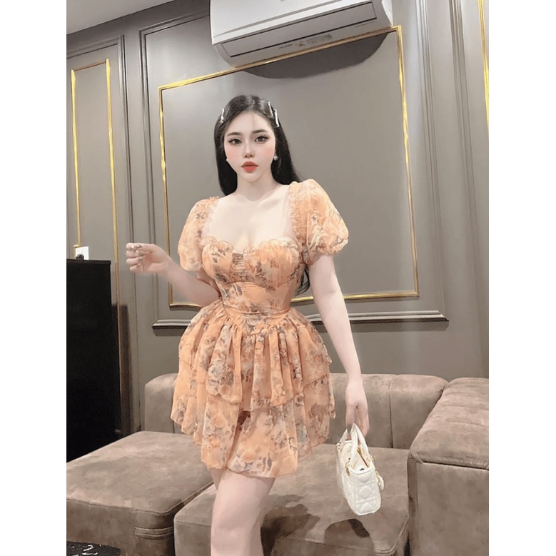 SIÊU SALE ĐẦM VOAN CÓ MÚT LÓT QUẦN THIẾT KẾ TAY NGẮN , CỔ CHỮ U SÂU, VÁY XẾP TẦNG XINH XĂN  KHI ĐI CHƠI CN