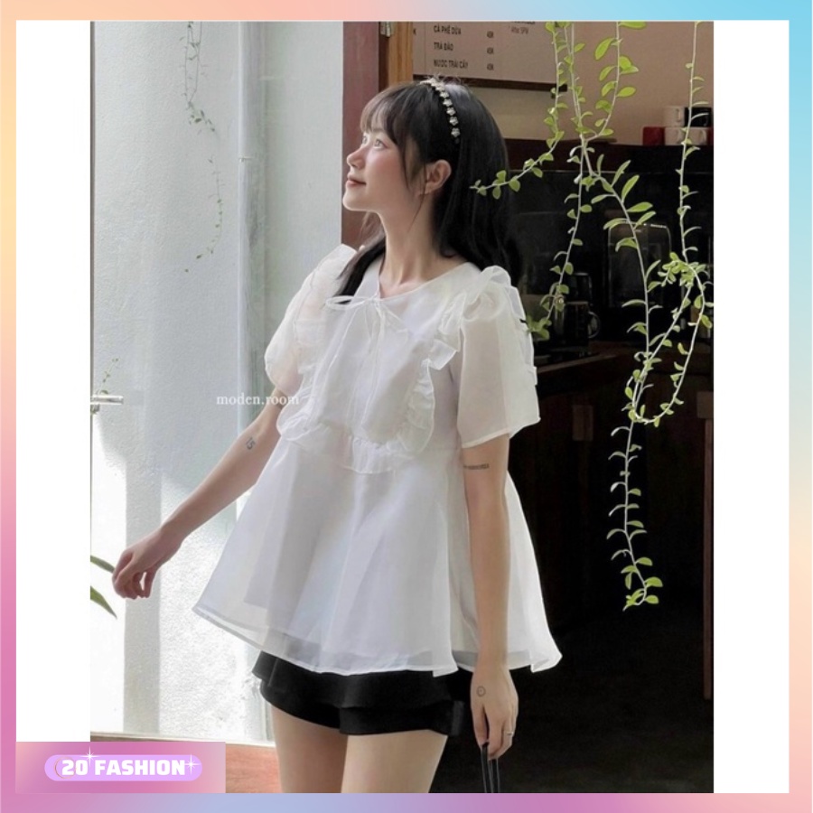Set babydoll áo váy nữ gồm áo nơ von trắng và quần short váy ngắn màu đen xinh xắn duyên dáng