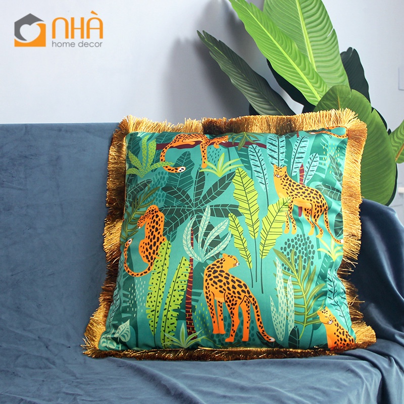 Gối Tựa Lưng Gối Sofa Tua Rua Giả Lụa Họa Tiết Hổ Báo Rừng