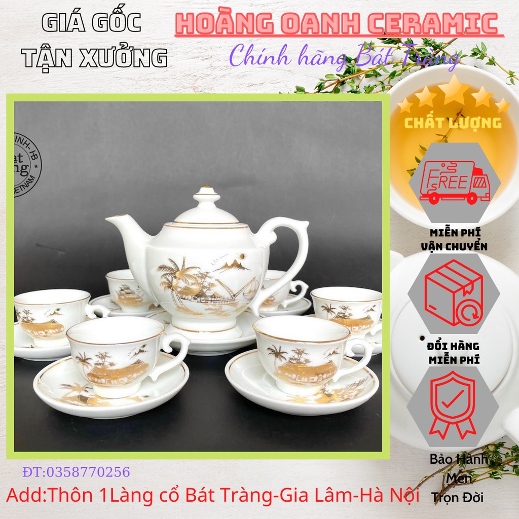 (CHỌN MẪU)Ấm chén pha trà Bát Tràng-men Trắng dáng Đèn Thần- vẽ vàng Vinh Hoa Phú Quý,Hoa Sen các loại
