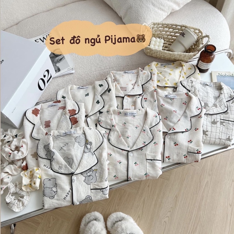 Set đồ ngủ hoạ tiết đáng yêu + Scrunchies chất đũi xốp thoải mái freesize💗 Bộ Pijama