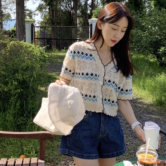 Áo cardigan LANJIEXI dệt kim tay ngắn cổ chữ V màu tương phản thời trang