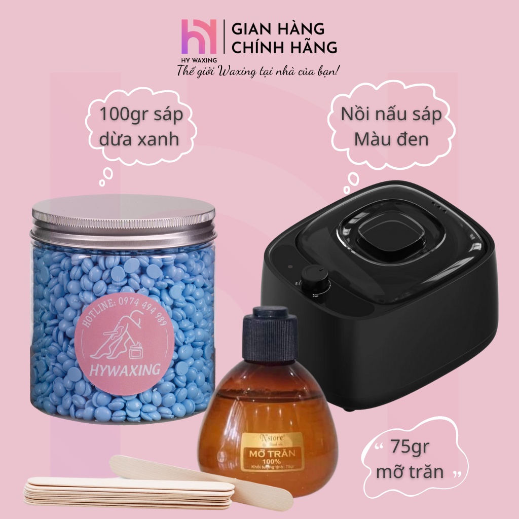[CHE TÊN] Combo 100gr Sáp Dừa Xanh Premium + Nồi Nấu Sáp Wax Lông Chống Dính + 75gr Mỡ Trăn HY WAXING