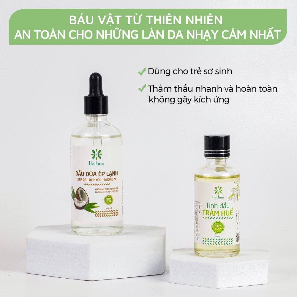 Combo Dầu Dừa Ép Lạnh (100ml) và Tinh Dầu Tràm Huế (50ml) Thương Hiệu Herbee, Combo Massage &amp; Giữ Ấm Cho Mẹ Bé