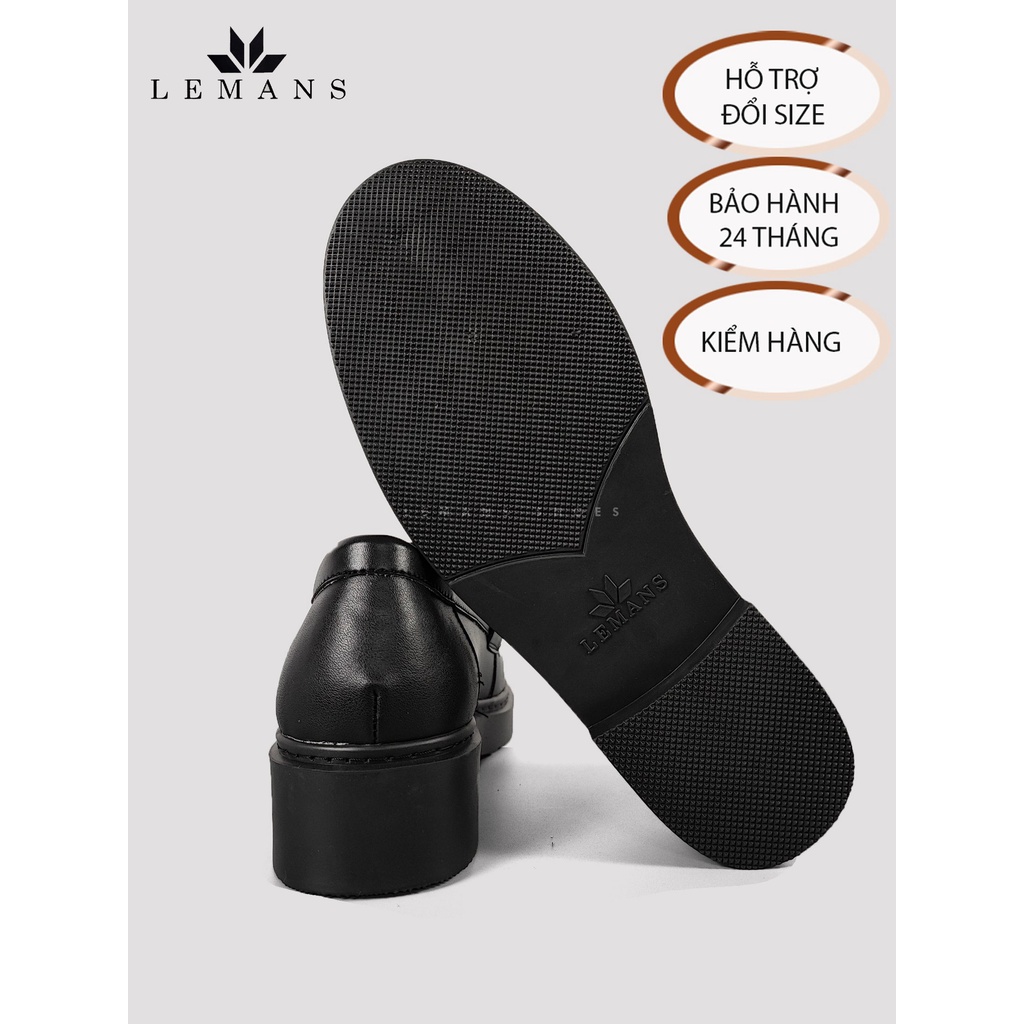 Giày da Penny Loafer Black White LEMANS, Da Simili, da bò thuộc nguyên tấm, tăng chiều cao 4cm, bảo hành 12-24 tháng