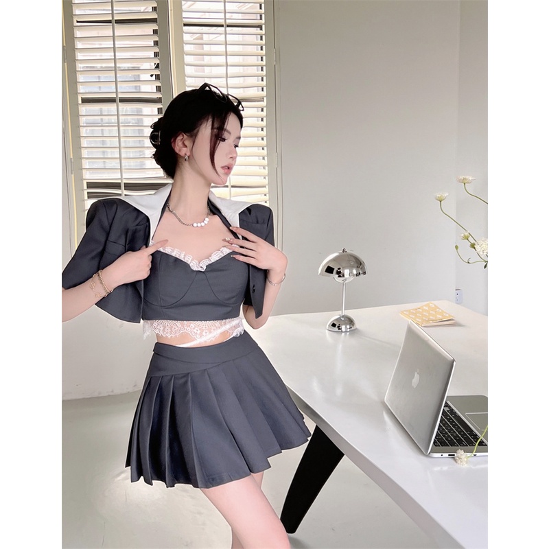 Cocory vn Set Áo Dây / Áo Khoác Ren / Chân Váy Chữ A Lưng Cao Thời Trang Nữ