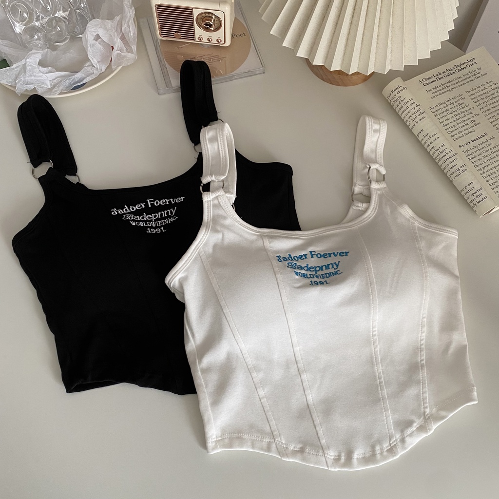 Áo Hai Dây Ngắn Ôm Dáng Thêu Chữ Thiết Kế Quyến Rũ Cá Tính Cho Nữ