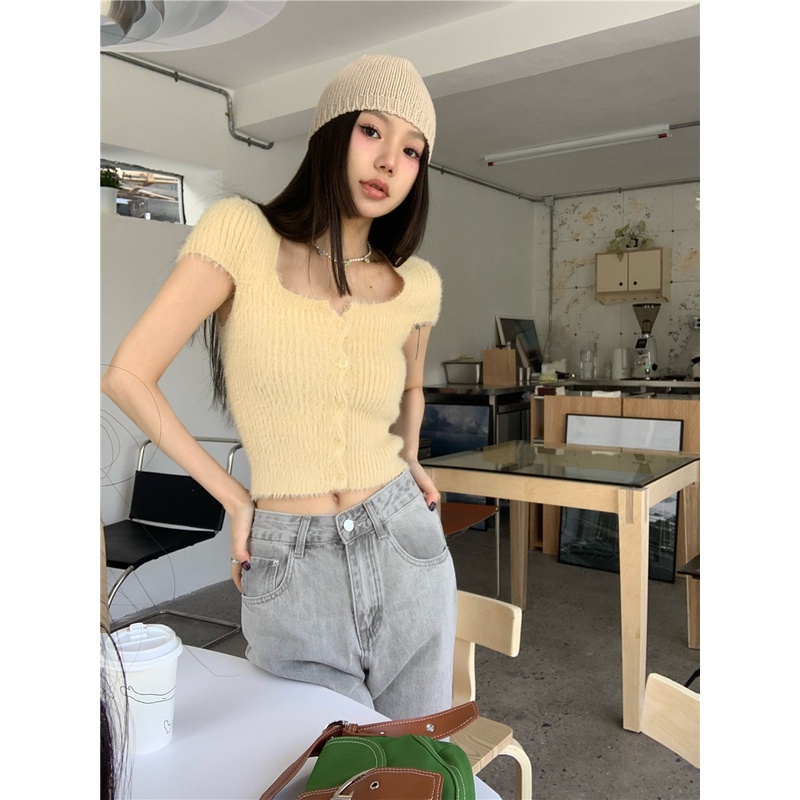 「MOTEL7」Áo Sweater Dệt Kim Ngắn Tay Cổ Vuông Ôm Dáng Vừa Vặn Dễ Phối Đồ